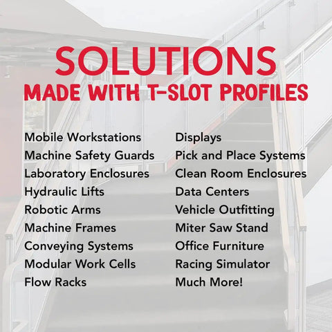 Solutions made with T-slot profiles including mobile workstations, laboratory enclosures, and vehicle outfitting.