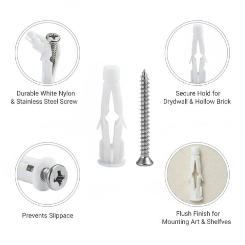 Heavy Duty Nylon Wall Plug And Screw Kit showing nylon plug, stainless steel screw, and secure anchoring details