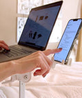 Portable Lap Desk And Workstation with Adjustable Height And Tilt, PVC Leather Finish, Non Slip Desktop Stopper in use with laptop and phone