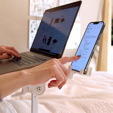 Portable Lap Desk And Workstation with Adjustable Height And Tilt, PVC Leather Finish, Non Slip Desktop Stopper in use with laptop and phone