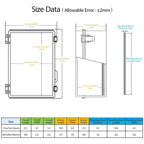 Size dimensions for Built Tough IP67 Waterproof Junction Box, 11.8 X 7.7 X 5.2 Inches, showing interior and overall measurements.