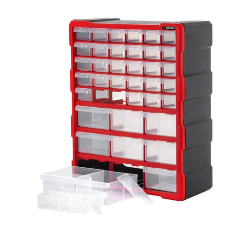 Small Parts Organizer With 39 Removable Bins With Dividers And Optional Wall Mount Or Desktop Stand For Hardware Screws Nuts Beads Lego And Craft Supplies A Handy All Around Cabinet For Garage Shop And Craft Room, featuring clear bins and red-black frame