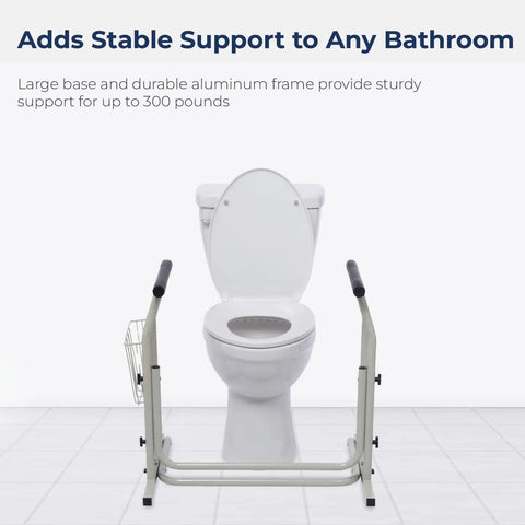 Toilet Safety Frame With Freestanding Grab Bar For Bathroom, Sturdy Aluminum Rail For Stability, supports up to 300 pounds.