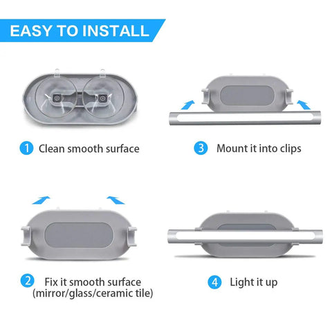 Portable Vanity Light USB Rechargeable Makeup Lamp installation guide with steps using suction mounts for bathrooms.