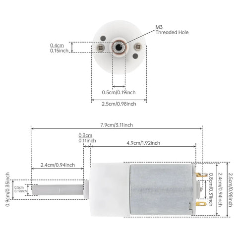 Diagram of Flat Shaft DC Motor With Beefy High Torque Gearbox, 3.7V 250RPM Micro Replacement Motor, showing dimensions and features