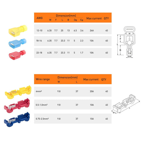 Nilight automotive quick-splice wire terminal kit with nylon insulated T-Tap connectors; yellow, blue, red; diagrams.