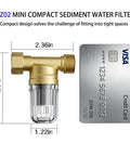 Image of XZ02 50 Micron Reusable Brass Washing Machine Water Filter next to a credit card for size comparison.