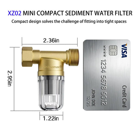 Image of XZ02 50 Micron Reusable Brass Washing Machine Water Filter next to a credit card for size comparison.