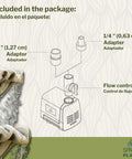 Illustration of included adapters and flow control for 160 GPH Submersible Pond Pump For Indoor Outdoor Ponds Fountains Water Gardens Aquariums And Medium Waterfalls Delivers No Fuss Setup Quiet Operation And Gentle Water Movement To Oxygenate Water And Prevent Stagnation Black.