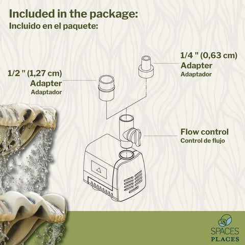 Illustration of included adapters and flow control for 160 GPH Submersible Pond Pump For Indoor Outdoor Ponds Fountains Water Gardens Aquariums And Medium Waterfalls Delivers No Fuss Setup Quiet Operation And Gentle Water Movement To Oxygenate Water And Prevent Stagnation Black.