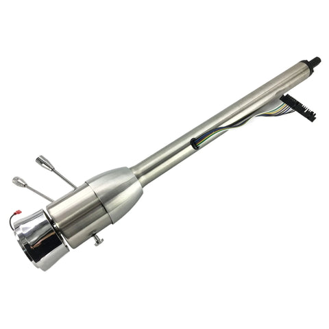 AngyMeck 32-inch stainless steel polished tilt manual steering column with 9-hole wheel adapter; wiring harness visible