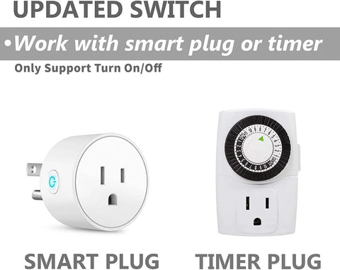 Smart plug and timer plug for updated switch compatibility, supporting only on/off functions.