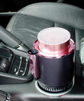 Premium Dual Action Car Beverage Warmer And Chiller Cup With Sharp Digital Temp Gauge 12 Volt Cigar Interface in vehicle cup holder.