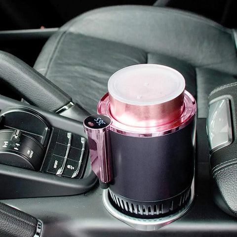 Premium Dual Action Car Beverage Warmer And Chiller Cup With Sharp Digital Temp Gauge 12 Volt Cigar Interface in vehicle cup holder.