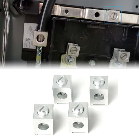 Neutral Lug Kit For Four To Two Zero Gauge Wires Aluminum Ground Lugs Set in use and close-up view of four-piece kit