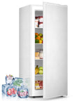 Compact Upright Freezer With 6 Cubic Feet Capacity And Seven Temperature Settings, featuring open door with food and ice.