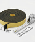 Pipe Wrap Insulation Tape For Hot And Cold Pipes Waterproof Foam Adhesive 33 Feet Long And 2 Inches Wide One Eighth Inch Thick Prevents Condensation And Freezing For Diy Home Plumbing Projects shown with measuring tape.