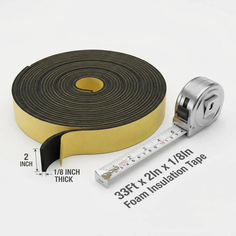 Pipe Wrap Insulation Tape For Hot And Cold Pipes Waterproof Foam Adhesive 33 Feet Long And 2 Inches Wide One Eighth Inch Thick Prevents Condensation And Freezing For Diy Home Plumbing Projects shown with measuring tape.