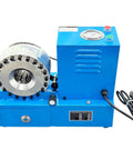 Heavy Duty Portable Electric Hydraulic Hose Crimper With Solid Fifty Ton Pressure And Eight Precision Die Kits For Flawless Ac Line And Plumbing Assembly Badass Pro Grade Garage Repair Tool That Gets The Job Done Quick side view of compact blue hydraulic crimping tool with electric motor.