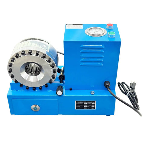 Heavy Duty Portable Electric Hydraulic Hose Crimper With Solid Fifty Ton Pressure And Eight Precision Die Kits For Flawless Ac Line And Plumbing Assembly Badass Pro Grade Garage Repair Tool That Gets The Job Done Quick side view of compact blue hydraulic crimping tool with electric motor.