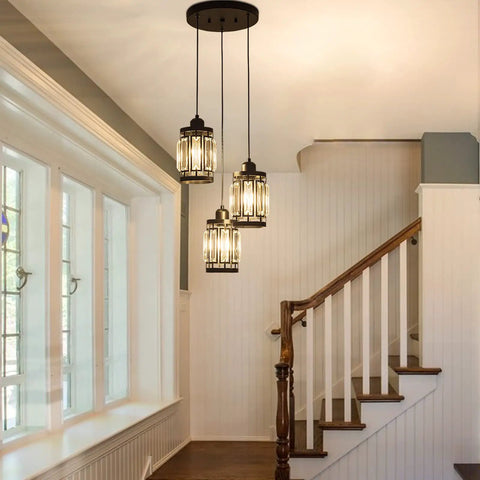 Three Light Farmhouse Pendant Light With Adjustable Ceiling Hanging Fixture And K9 Crystals In Black Finish