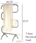 Classic 37.5-Inch Nickel Heated Towel Warmer Rack With 4 Bars, showing dimensions and electrical cord