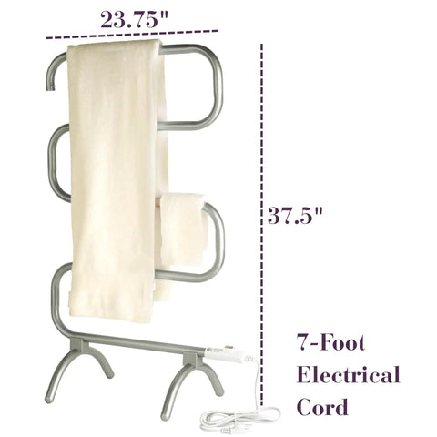 Classic 37.5-Inch Nickel Heated Towel Warmer Rack With 4 Bars, showing dimensions and electrical cord