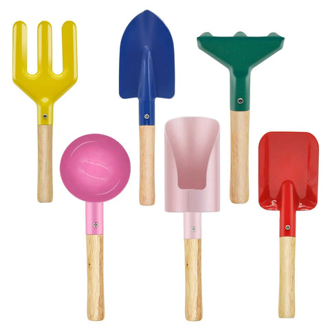 Six Piece Kids Garden Tools Set With Shovel, Rake, Trowel, Scoop, Spoon And Fork - Lightweight, Brightly Colored Beach Sandbox Toys
