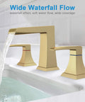 8 Inch Widespread Brushed Gold Bathroom Faucet With Slick Waterfall Flow, 3 Holes Deck Mount, cUPC Hose, Ceramic Valve Core