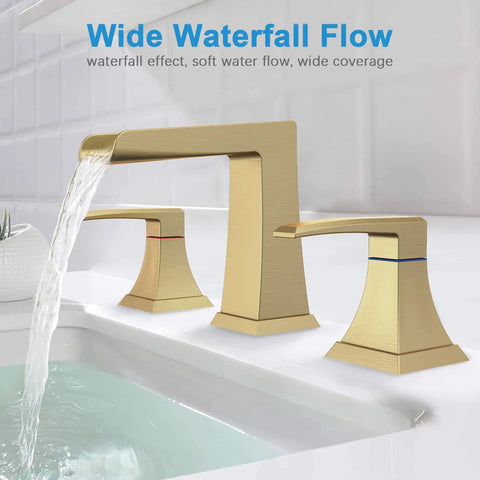 8 Inch Widespread Brushed Gold Bathroom Faucet With Slick Waterfall Flow, 3 Holes Deck Mount, cUPC Hose, Ceramic Valve Core