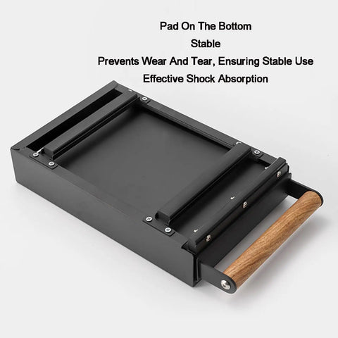 Heavy Duty Stainless Steel Espresso Knock Box With Shock Absorbing Removable Knock Bar And Spill Resistant Grounds Waste Dispenser top view with wooden handle