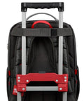 Badass Low Profile Backpack With Twenty Two Pockets And Heavy Load Bearing Harness For Tradesmen Ballistic Canvas Build showing the padded back and trolley handle.
