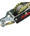 Close-up of Manual Winch With Steel Wire Rope Gear Cargo Tensioner For Lifting And Pulling No Power Required Off Grid