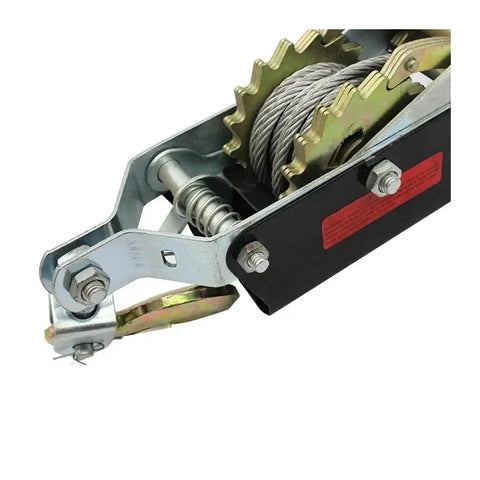 Close-up of Manual Winch With Steel Wire Rope Gear Cargo Tensioner For Lifting And Pulling No Power Required Off Grid