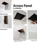 Built Tough 13 By 16 Inch White Drywall Access Panel With Magnetic Push Open installation steps with ceiling and wall mounting options.