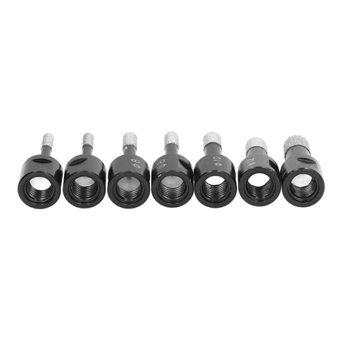Heavy Duty 7 Piece Gemstone Drill Bits Set With M14 Thread For Wet Dry Drilling On Marble Tile Granite And Stone. Premium Brazing Hole Saw Kit In Durable Aluminum Storage Case For Precise Work. 7 black diamond drill bits, front view