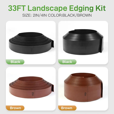 Durable Plastic Landscape Edging Kit No Fuss Easy Install 2 Inch Tall 33 Ft Border With 30 Spikes For Garden Flower Beds And Lawn Flexible PE And PP Edging That Won’t Break Bend Or Fade In Any Weather in black and brown rolls