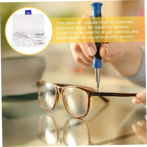 Hand using mini screwdriver from Two Sets Eyeglass Repair Tool Kit with Screws, Nose Pads, and Ear Grips for repairs on glasses.