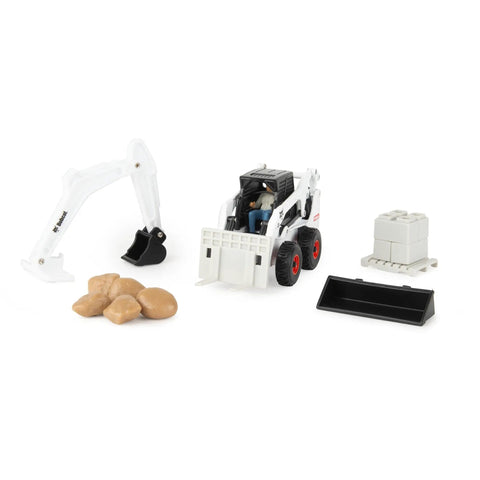 Bobcat Skid Steer Construction Toy Set 1:32 Die Cast With 15 Piece Playset And 3 Interchangeable Attachments Bucket Backhoe Fork