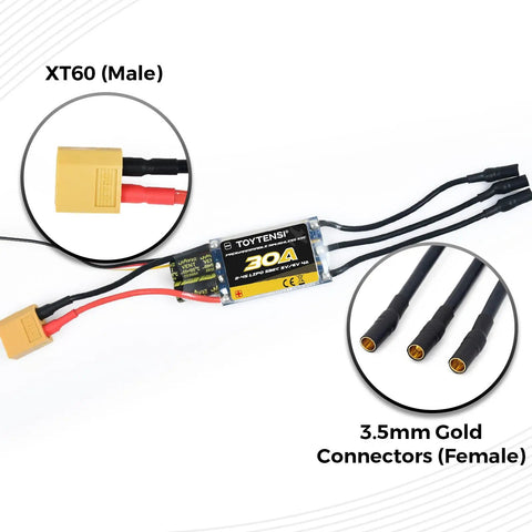 Beefy 30A Brushless ESC For 2 To 4S RC Planes And Airplanes With 5V And 6V SBEC showing XT60 and 3.5mm connectors