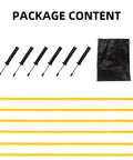 Six Piece 5 Foot Agility Poles For Soccer Basketball Football And More Pro Grade Speed And Footwork Training Sticks With Ground Nails And Storage Bag Yellow, showing components and bag