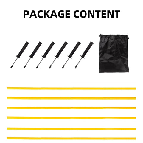 Six Piece 5 Foot Agility Poles For Soccer Basketball Football And More Pro Grade Speed And Footwork Training Sticks With Ground Nails And Storage Bag Yellow, showing components and bag