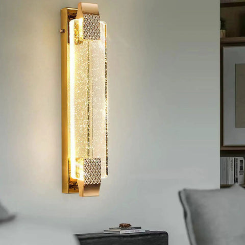 Slick Modern Crystal Wall Sconce Lights For Cozy Bedroom And Living Room Vibes With Up Down LED Wall Lamp Fixtures In A Solid 2 Pack For Indoor Outdoor Bathroom Decor, gold finish with clear crystal.