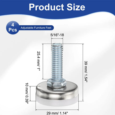 Five Sixteenth Inch Eighteen Thread Adjustable Furniture Levelers Set of Four Silver Screw In Feet for Tables and Chairs