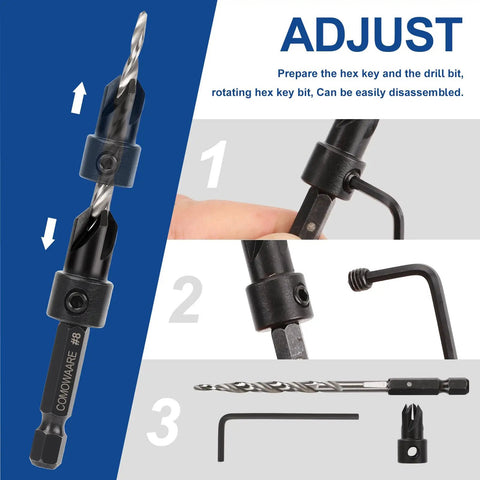 Heavy Duty Countersink Drill Bits Set Built Tough For Wood And Metal With Carbide Tips. Hex key and bit adjustment process.