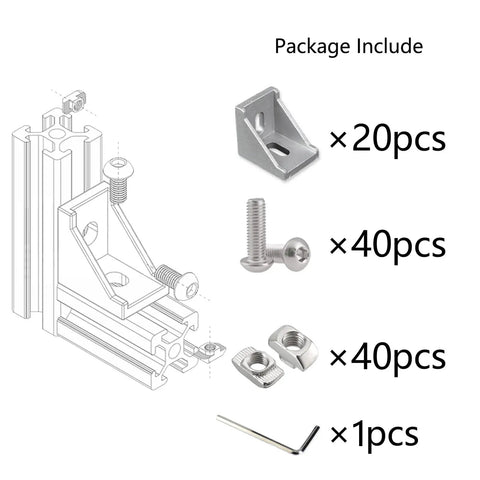 3030 Aluminum Extrusion Corner Bracket Kit With 40 M6 T Nuts And 40 Hex Screws, 20 Corner Brackets, 1 Wrench, 90 Degree Connector