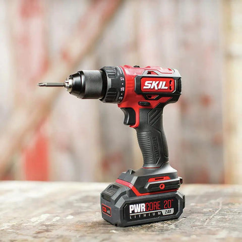 Power Core 20V Brushless Drill Driver with One Half Inch Chuck, shown with 2.0Ah Lithium Battery and Standard Charger