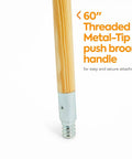 60 Inch Wood Push Broom Handle With Threaded Metal Tip For Easy Broom Head Attachment, Natural Finish, Professional Grade Replacement Handle