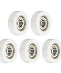 5 Pack Dead Silent Nylon Track Rollers With Rock Solid Precision Bearings 10mm Bore 38mm Outer Ring 12mm Thickness, featuring white rollers.