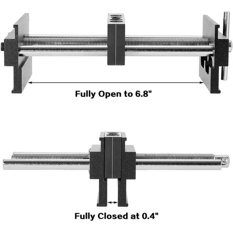 Tough As Nails Self Centering Dowel Jig Kit With Wide Capacity Drill Guide For Zero Guesswork Woodpin Alignment, clamps partially open to 6.8 inches.